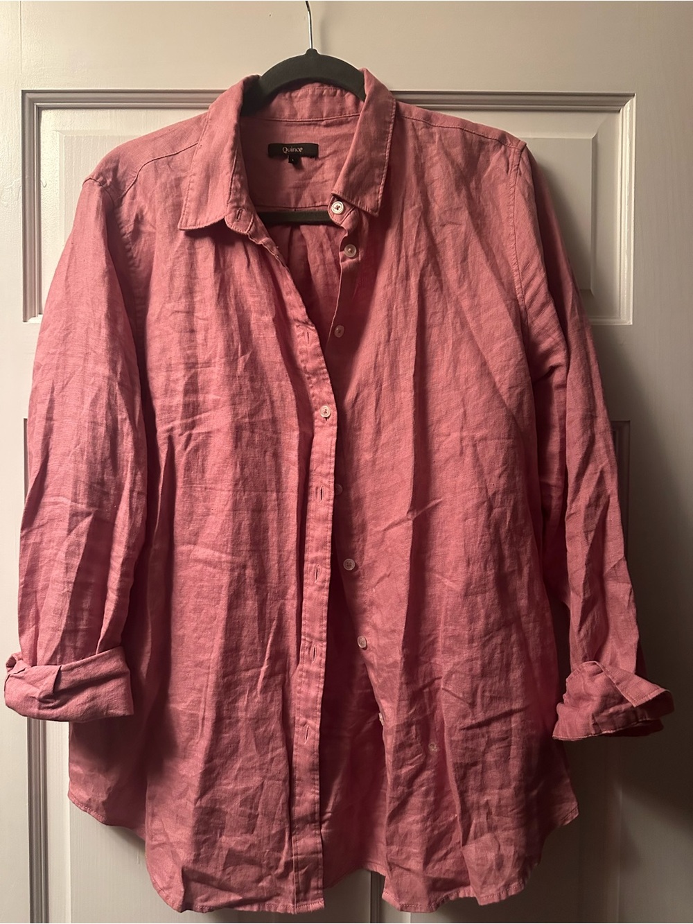 Quince women's Long-Sleeve Linen Shirt Pink (large) w drawstring shorts (med)